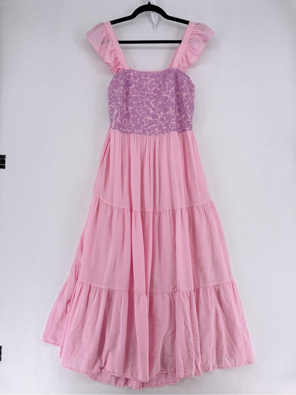 J Marie Maxi Dress Large Pink Floral Embroidered linenTiered Ruffle Sleeve sz M